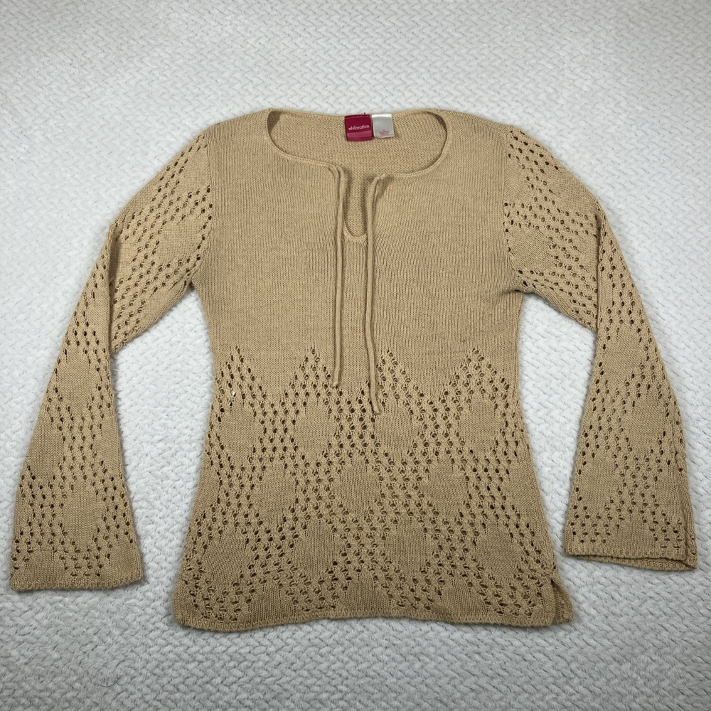 Vtg Xhilaration Y2K Womens Sweater Open Knit Tan Large Bell Sleeve Boho‎ USA